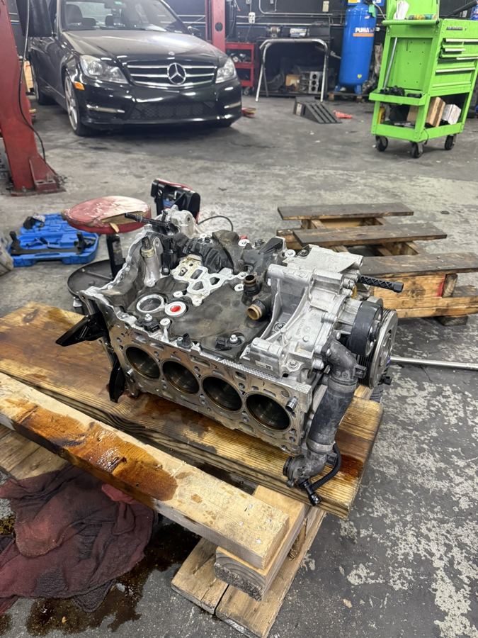 B46 engine block on a stand with pistons removed