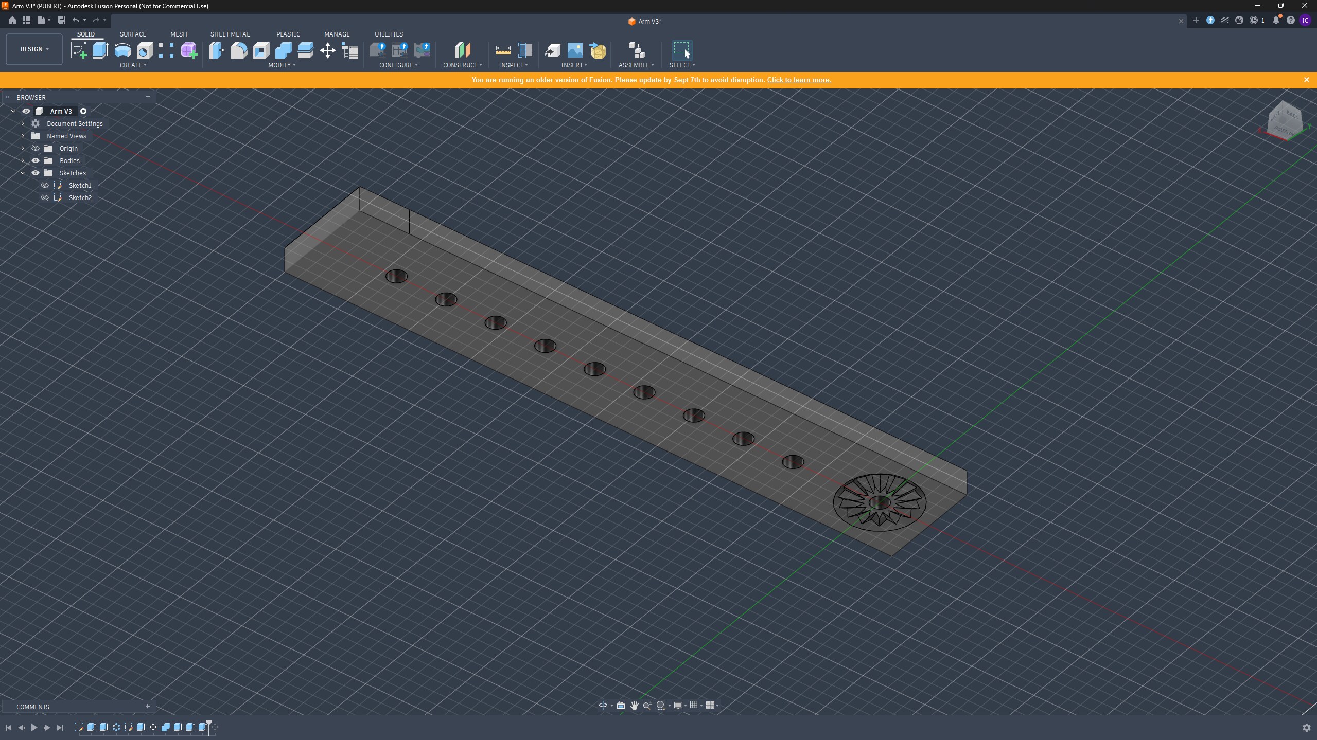 Arm V3 CAD model with inverse rosette teeth and mounting hole row