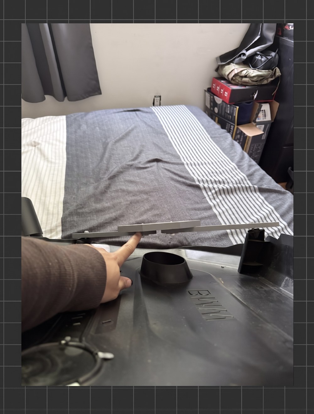 Prototype arm test-fit on BMW engine bay