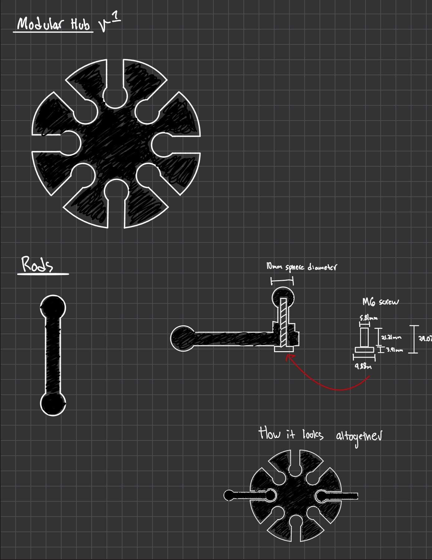 Modular Hub V1 full sketch with rod dimensions and assembled view