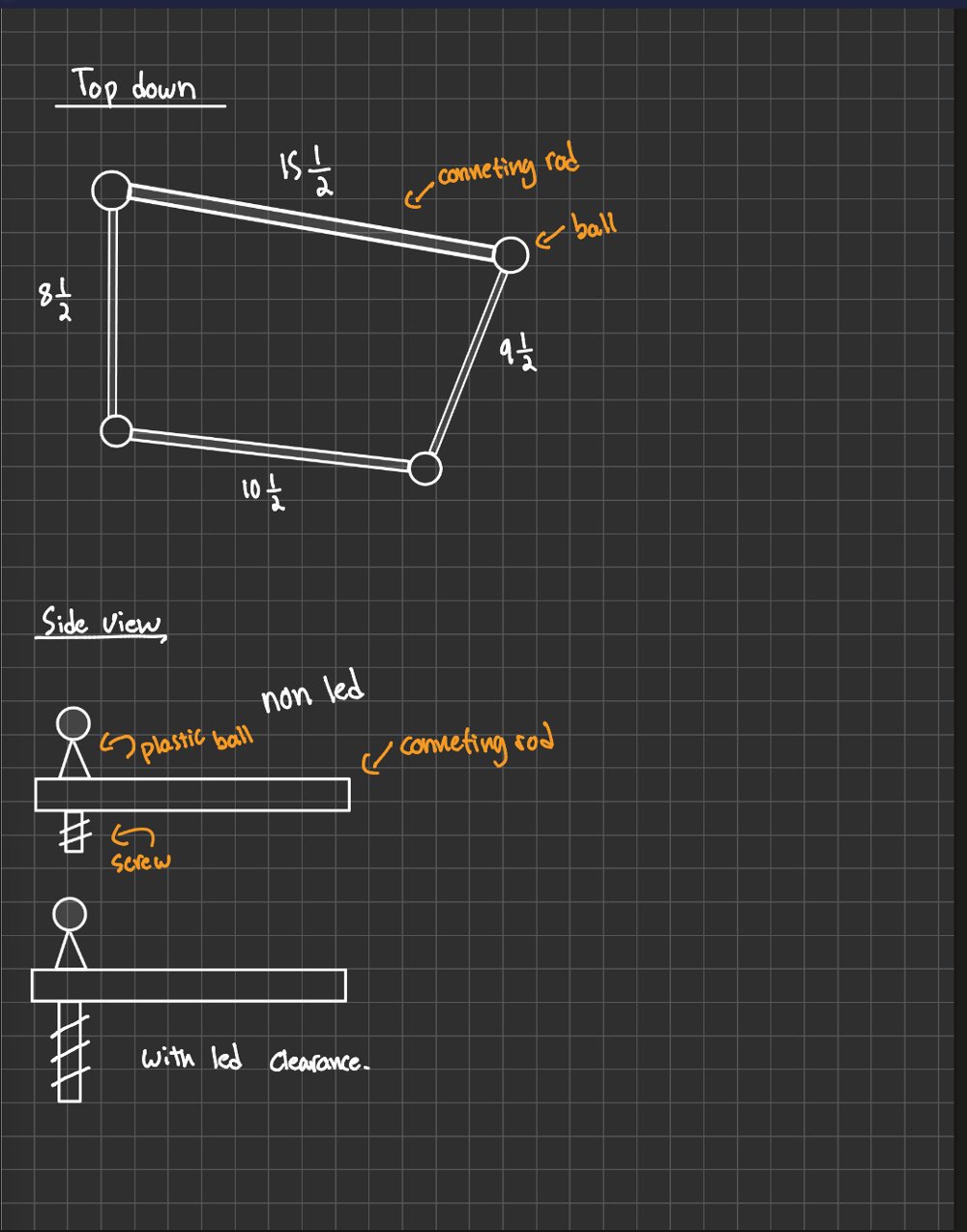 V1 concept — top-down and side-view rod/ball dimensions