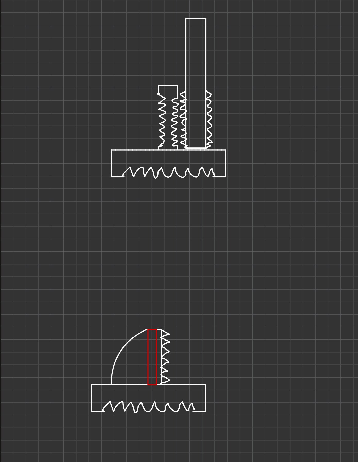 Threaded bolt stack side views and hub cross-section with highlighted contact area