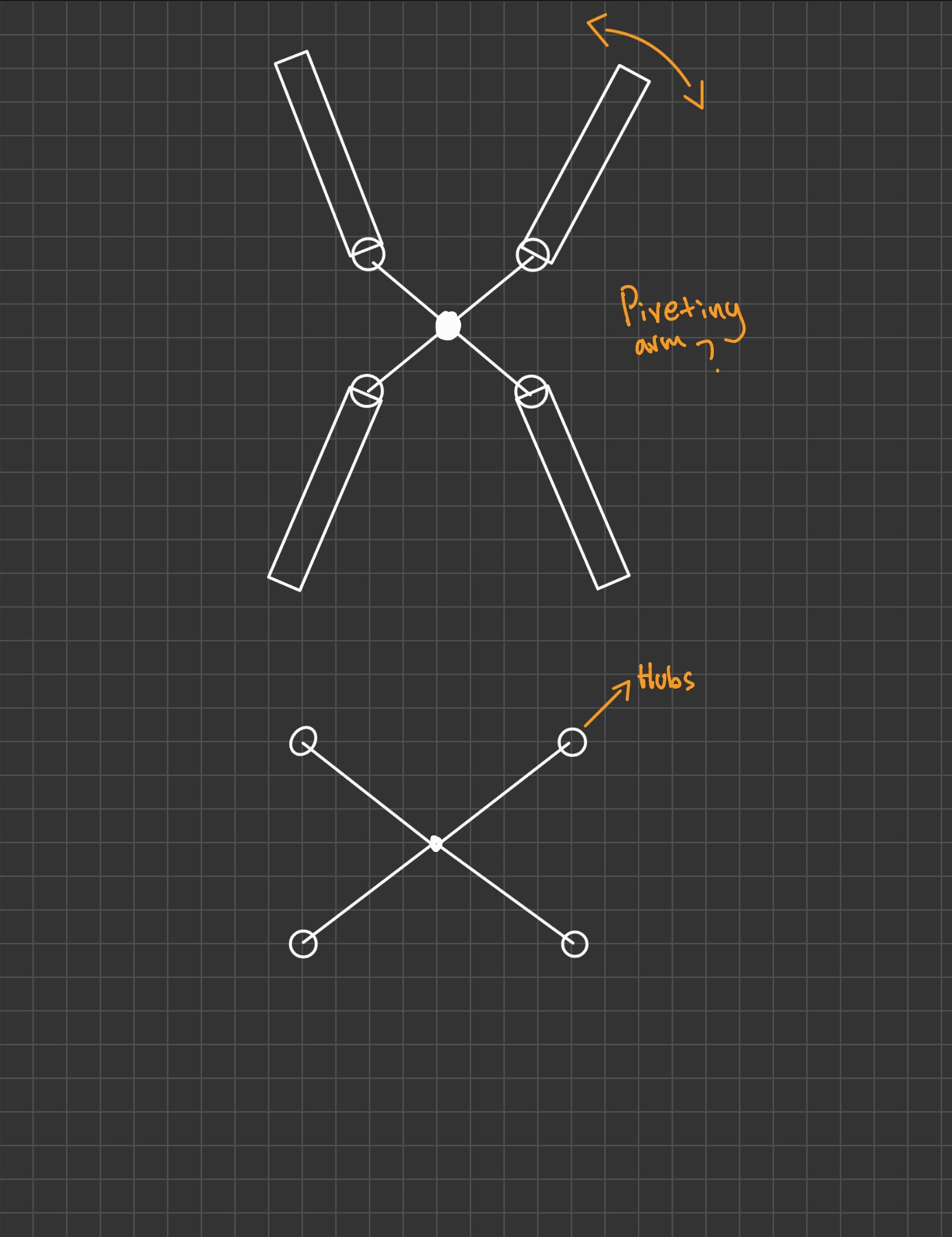 Pivoting arm hub concept sketch, X-shaped hub with four pivot points