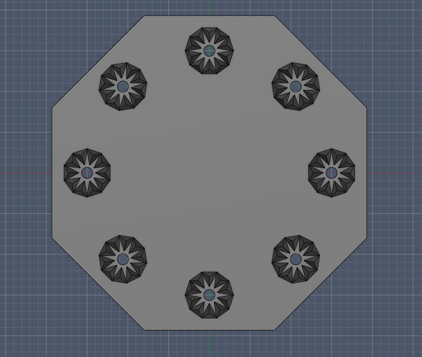 Hub V3 CAD render — octagonal plate with rosette teeth on all 8 mounting positions