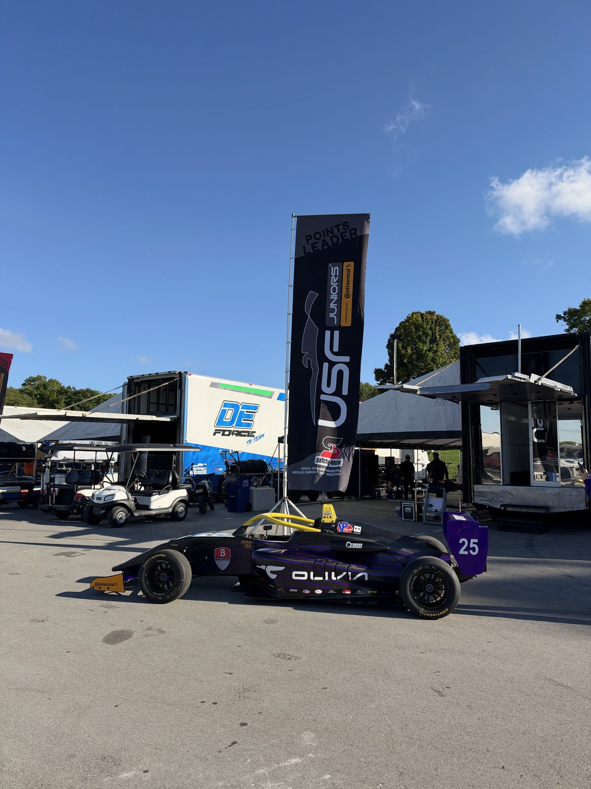The car in the paddock with the points leader banner