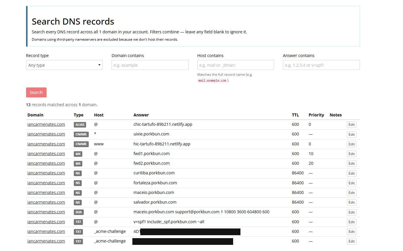 Porkbun DNS record search showing all records for iancarmenates.com