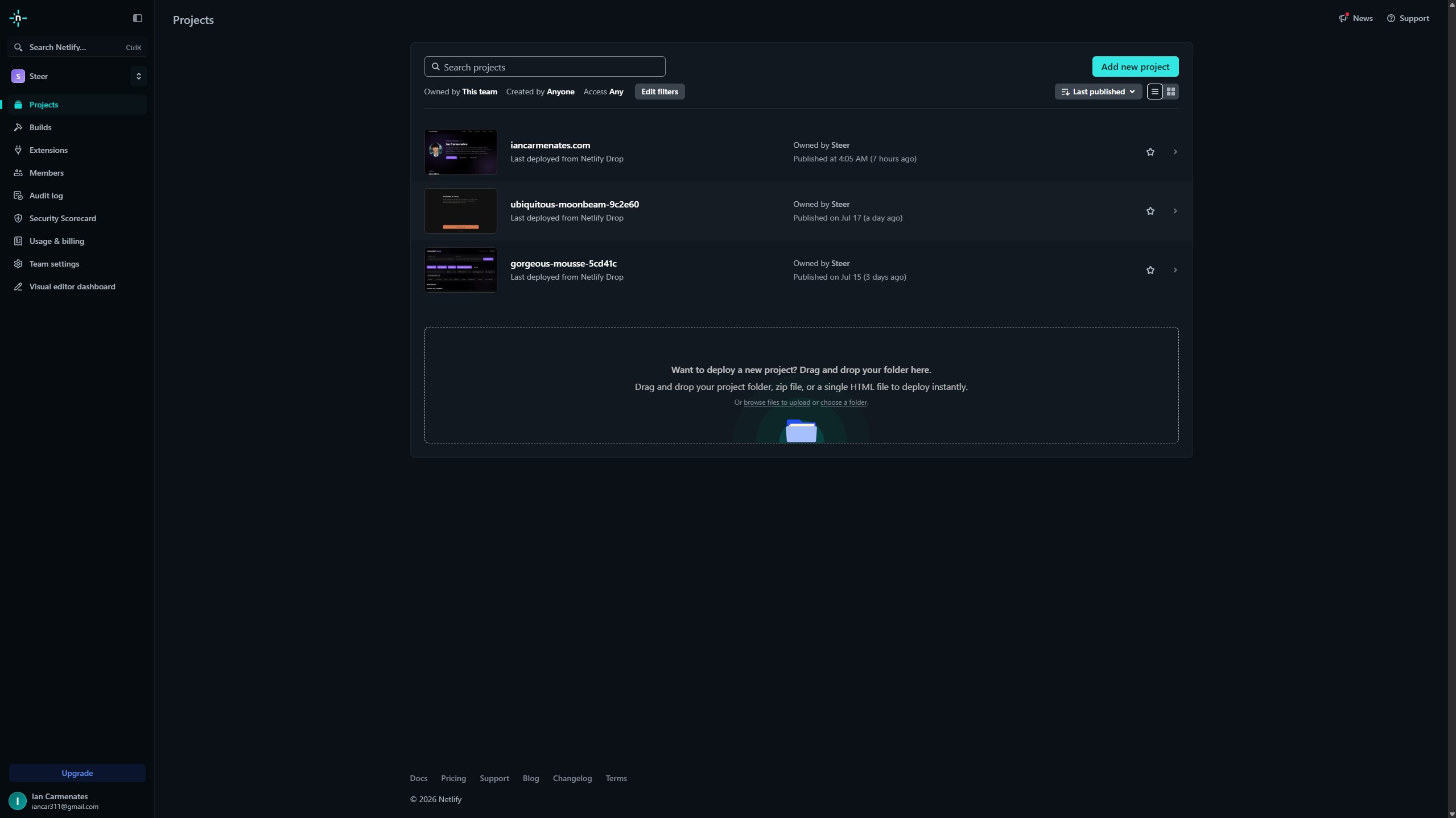 Netlify projects dashboard showing iancarmenates.com deploy history