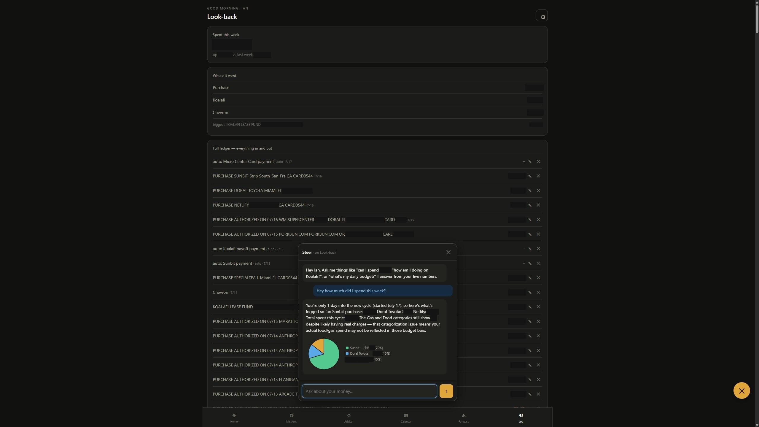 Steer built-in AI assistant answering a question about weekly spending