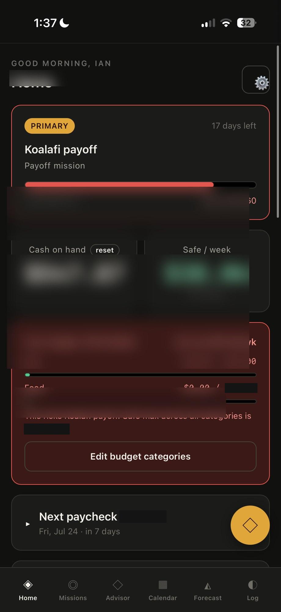 Steer budgeting app home screen on mobile