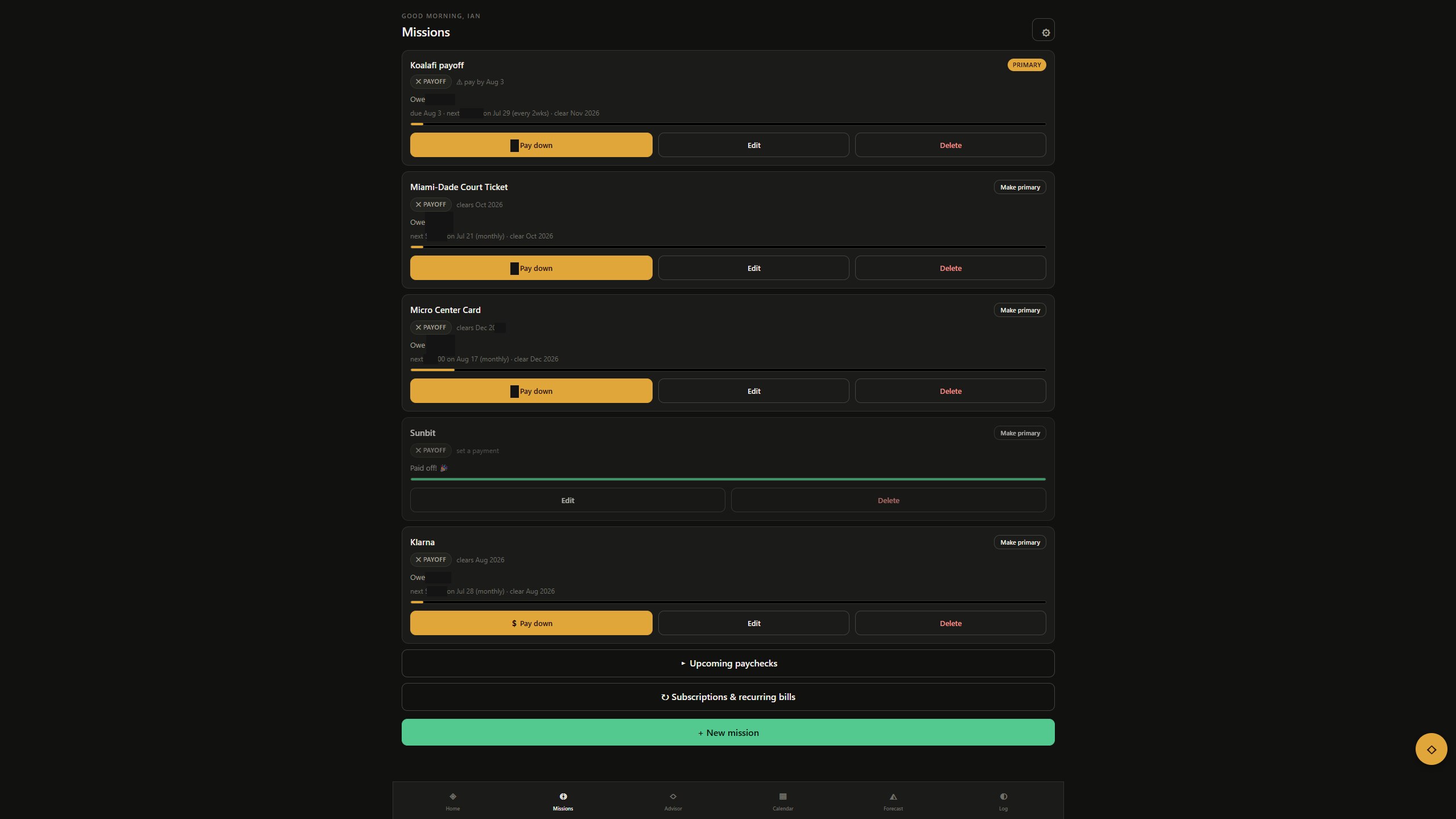 Steer missions screen tracking multiple debt payoffs