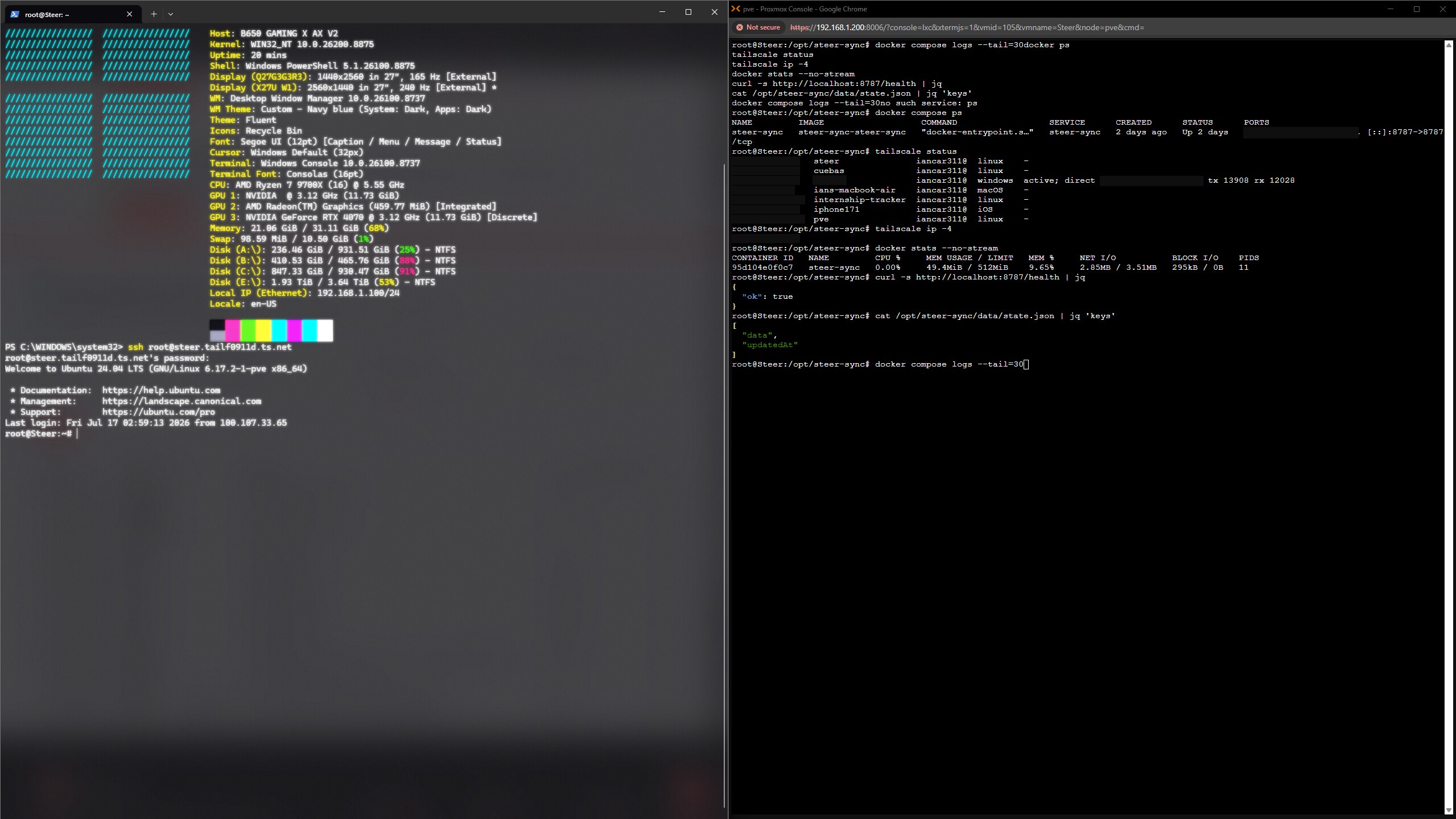 Terminal showing the steer-sync Docker container, health check, Tailscale status, and synced state file