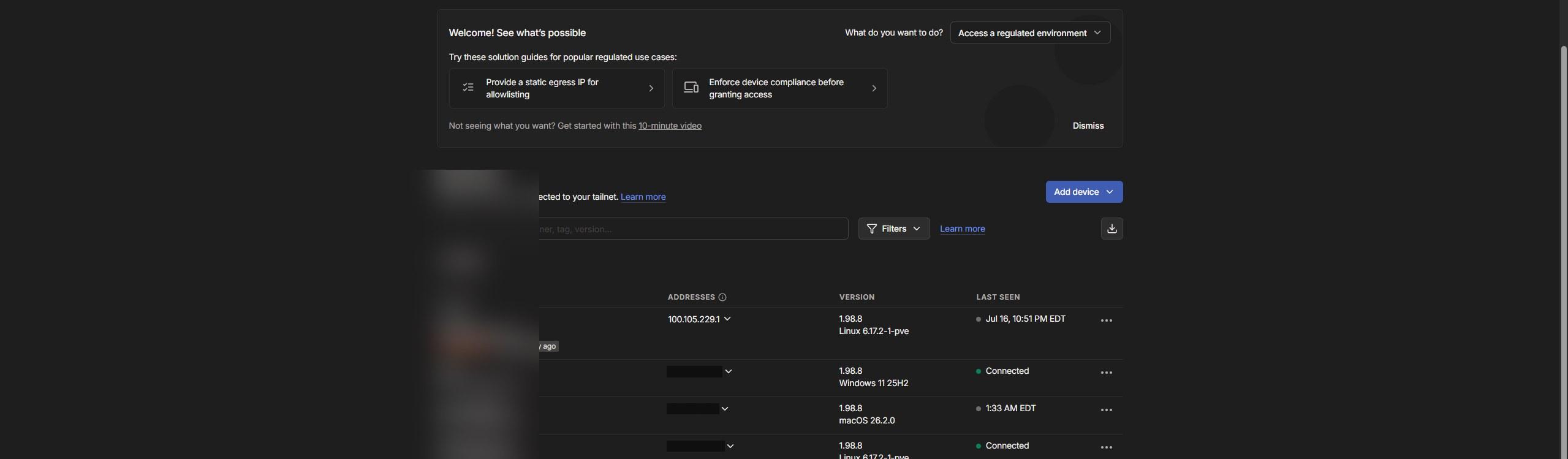 Tailscale admin console showing the private mesh network
