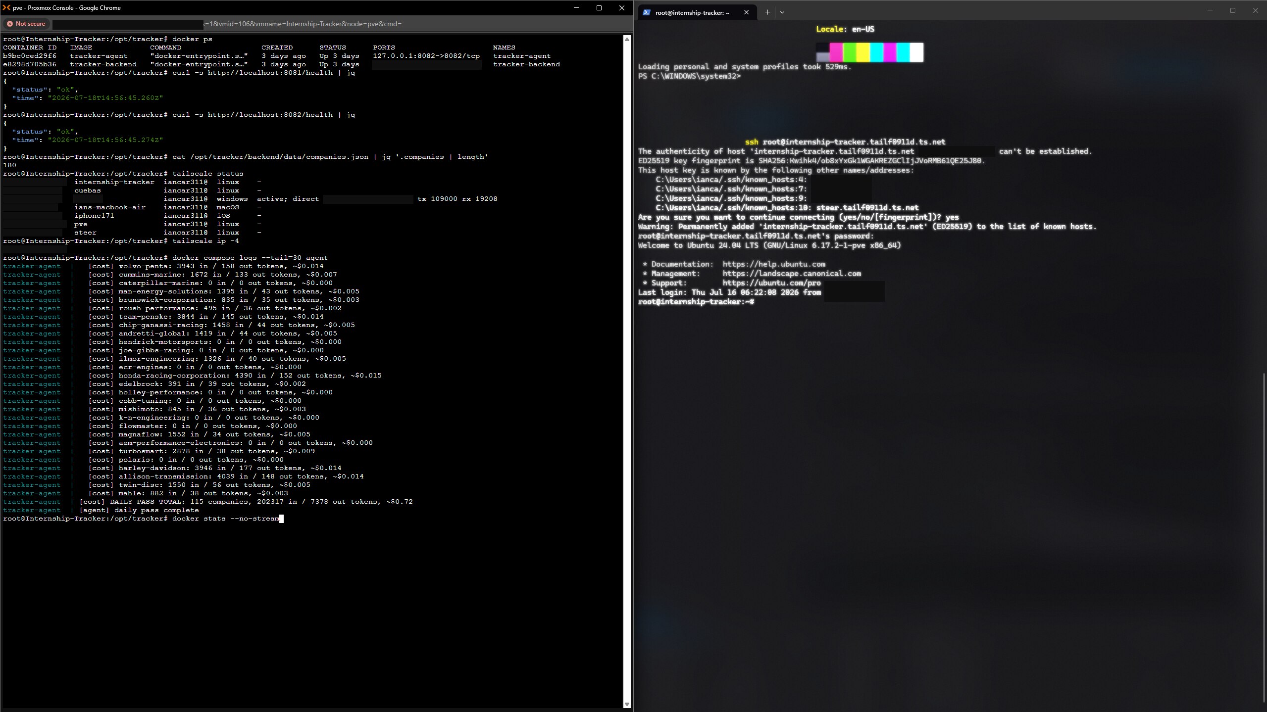 Terminal showing the tracker-agent and tracker-backend Docker containers running, health checks, Tailscale status, and agent cost logs